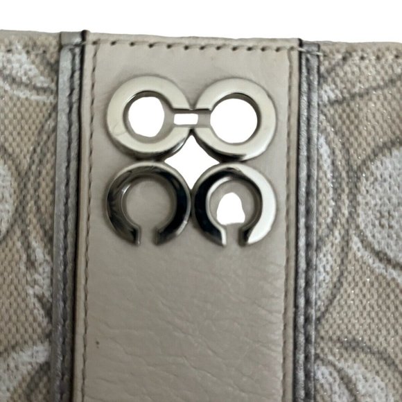 Coach Outline Clutch Wristlet Canvas Leather Stripe Cream Silver Trim - Picture 3 of 5
